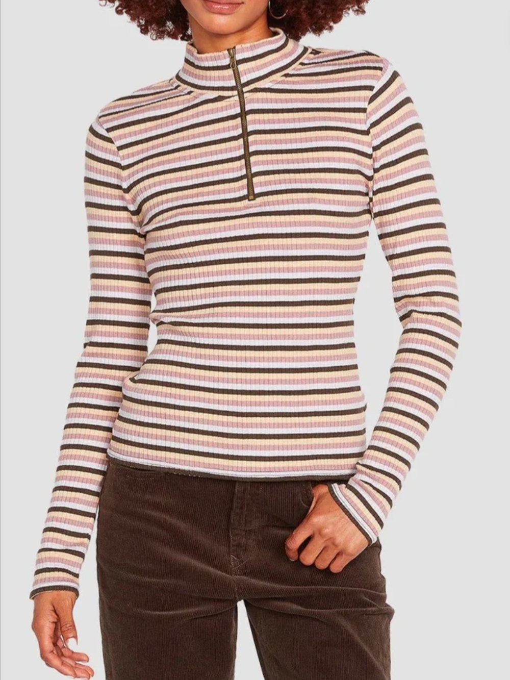 Volcom Striped Ribbed Half-Zip Long Sleeve Top in Pink, Cream & Brown NWOT
